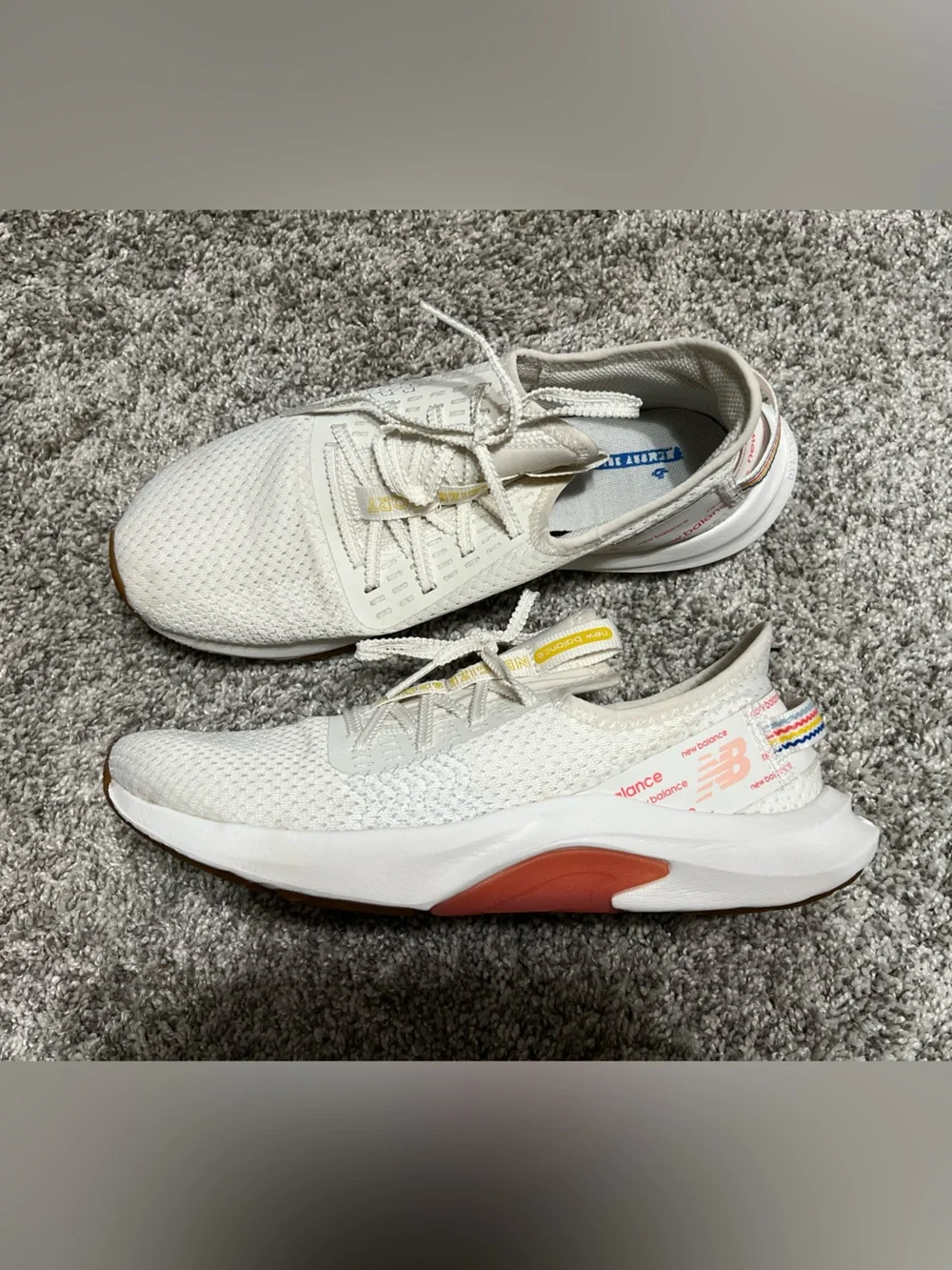 New Balance Cream/White Athletic Knit Running Shoes with Coral Accent